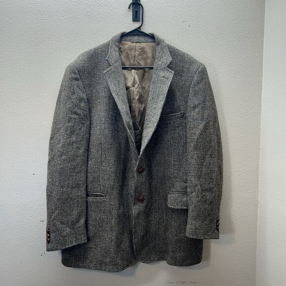 Vintage Harris Tweed Men 44L Houndstooth Scottish Edinburgh Brown Wool Handwoven - Picture 1 of 7